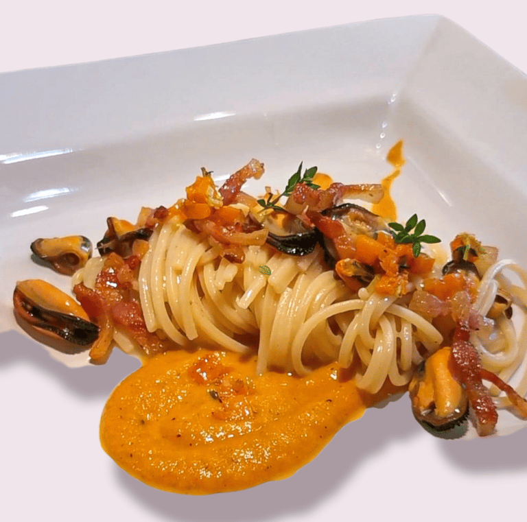 Spaghettone, cozze, guanciale e pecorino di Norcia stagionato